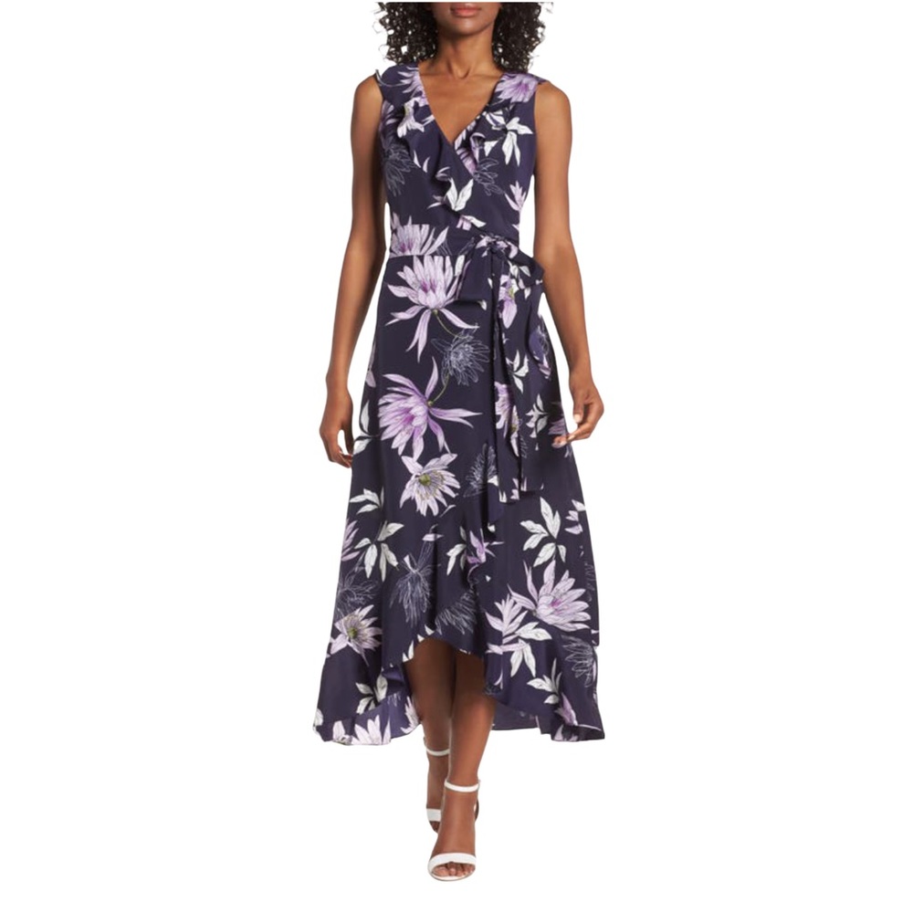 VINCE CAMUTO Asymmetrical Faux Wrap Floral Tie Waist Midi Dress